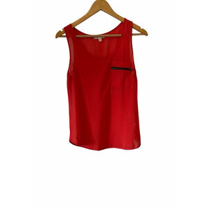 Red Sleeveless Blouse Womens Medium Alythea Zip Pocket Sheer Lightweight Top